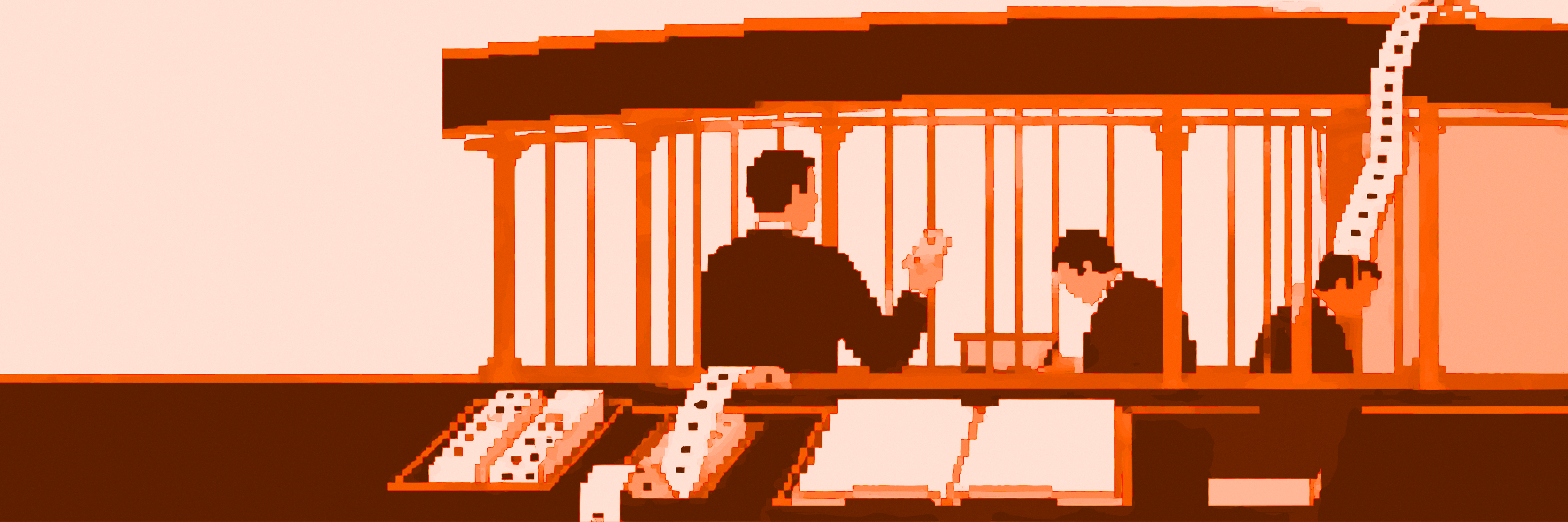 Clerks of a brokerage office behind the teller cage, posterized four-color print